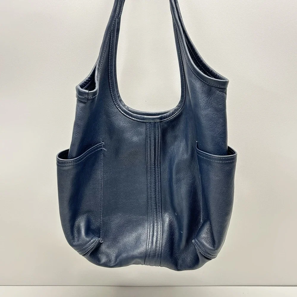 Rough and Tumble Leather Hobo Slouch Tote Bag Blue Pockets Made in Maine - Picture 8 of 16